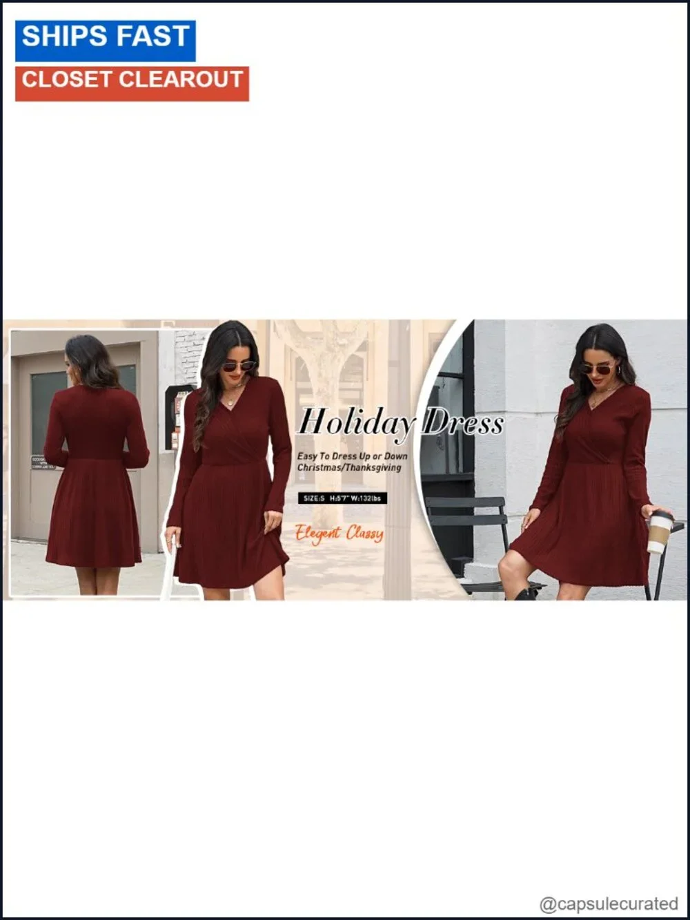 Womens Long Sleeve Wrap Sweater Dress Ribbed Knit V Neck with Pockets